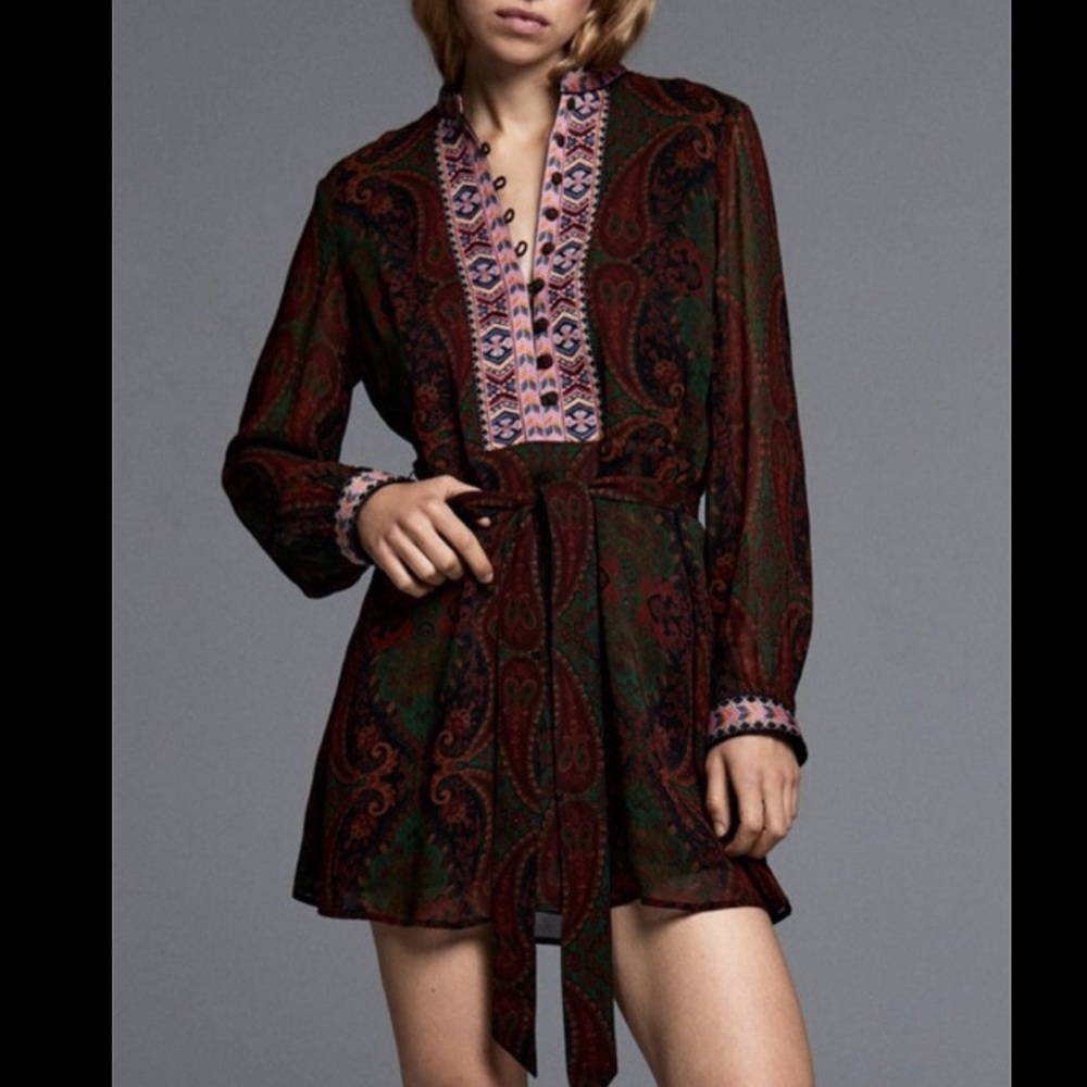 Zara Multicolor paisley embroidered belted long sleeve mini dress